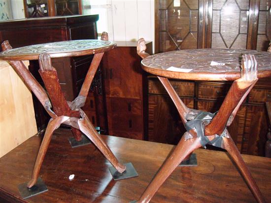 2 circular carved  occasional tables